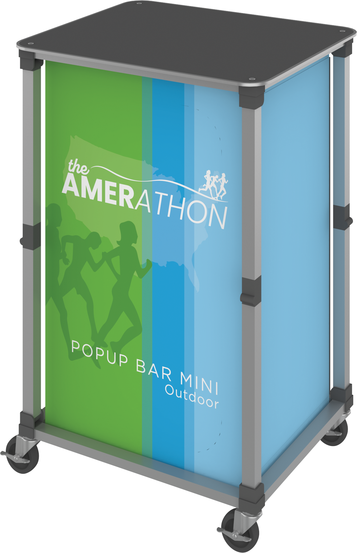 small portable bar counter with green fabric front